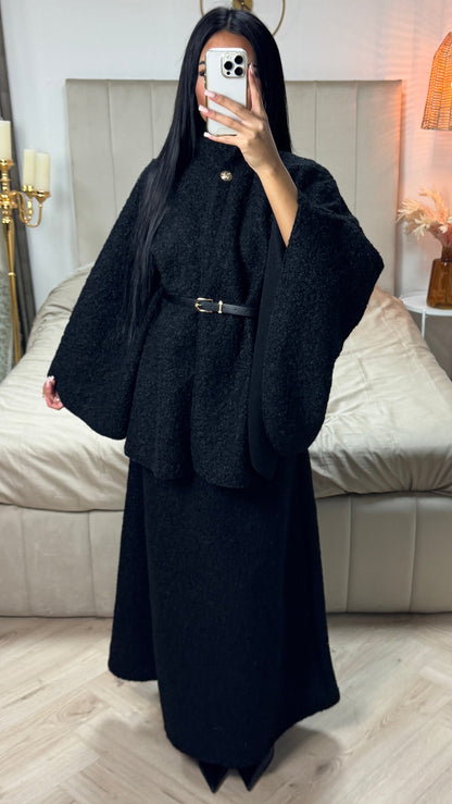 Oversized Teddy Tie Belt Poncho Skirt Set