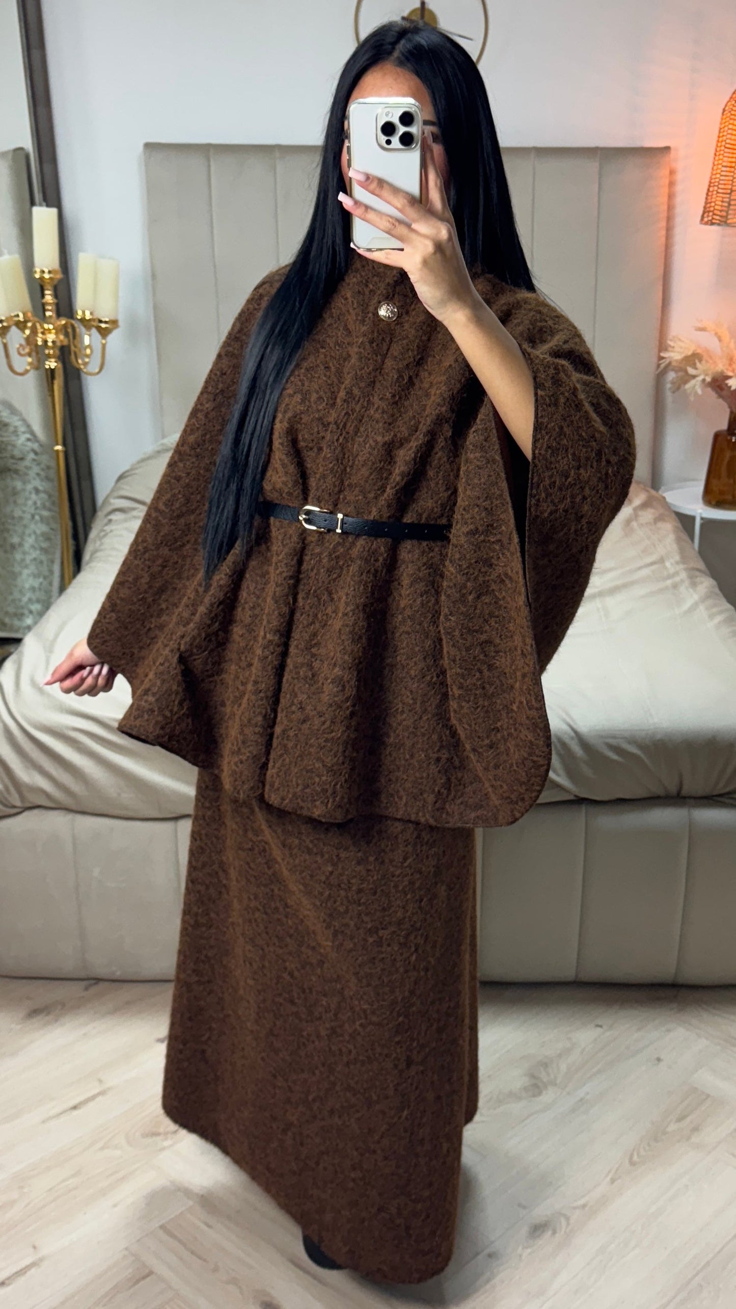 Oversized Teddy Tie Belt Poncho Skirt Set