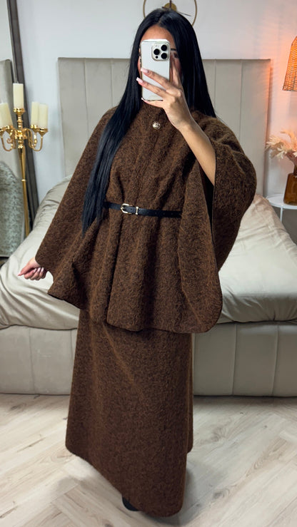 Oversized Teddy Tie Belt Poncho Skirt Set
