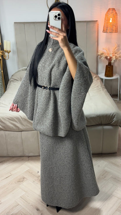 Oversized Teddy Tie Belt Poncho Skirt Set