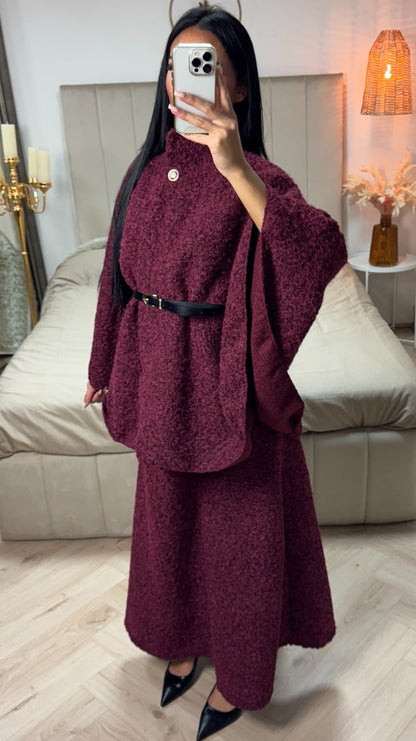 Oversized Teddy Tie Belt Poncho Skirt Set