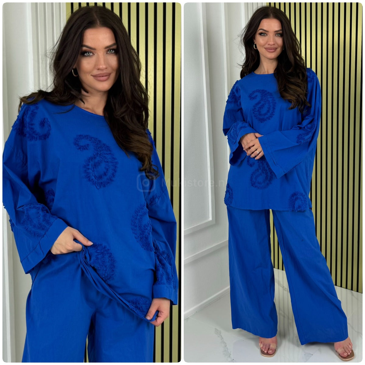 Round Neck Embroidery Detail Wide Leg Set