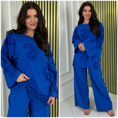 Round Neck Embroidery Detail Wide Leg Set