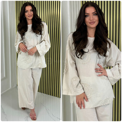 Round Neck Embroidery Detail Wide Leg Set