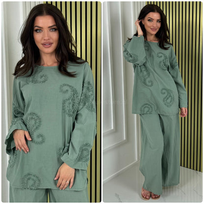 Round Neck Embroidery Detail Wide Leg Set