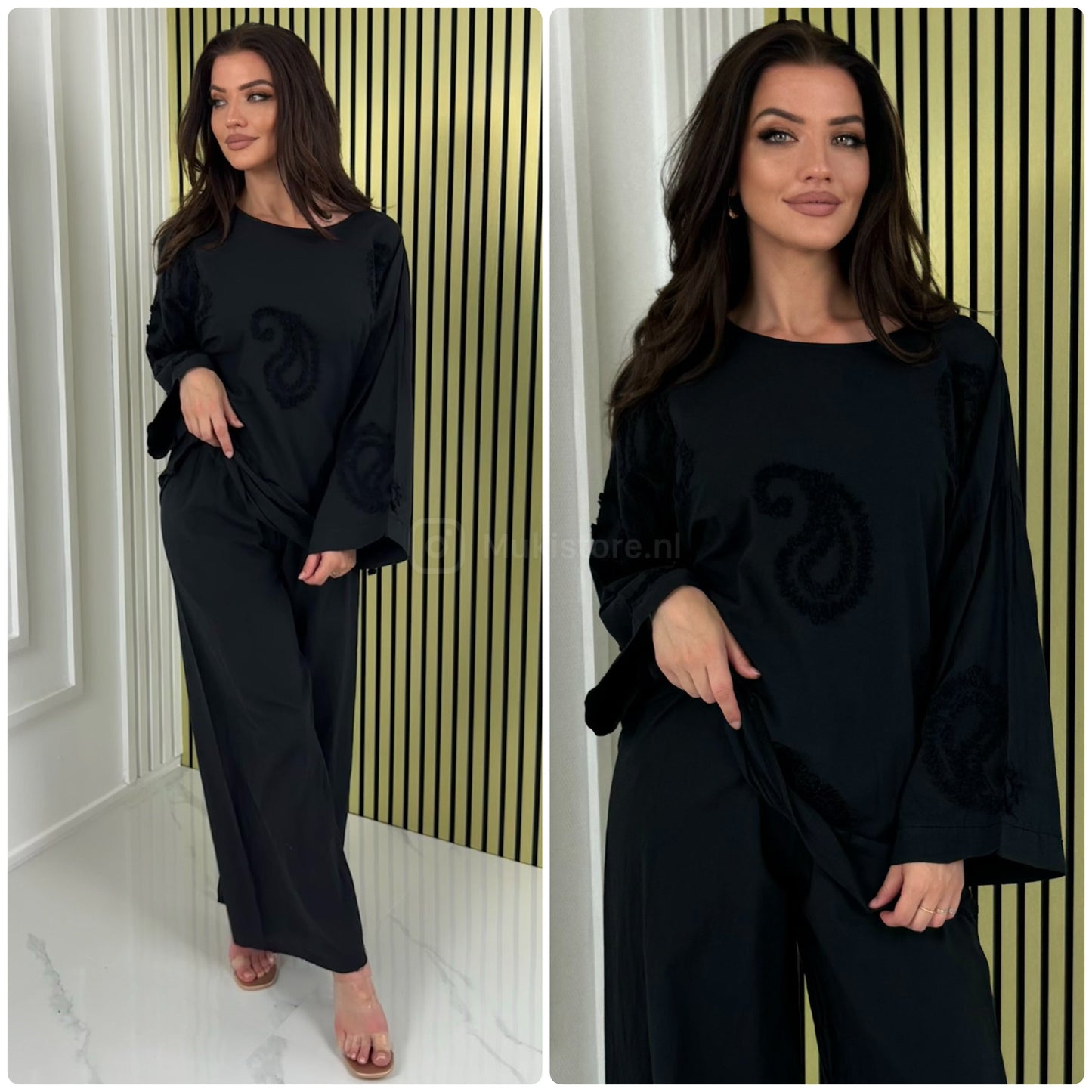 Round Neck Embroidery Detail Wide Leg Set