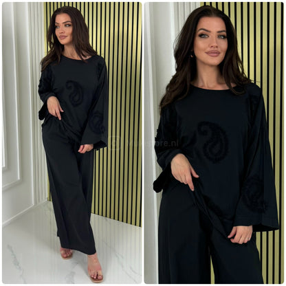 Round Neck Embroidery Detail Wide Leg Set