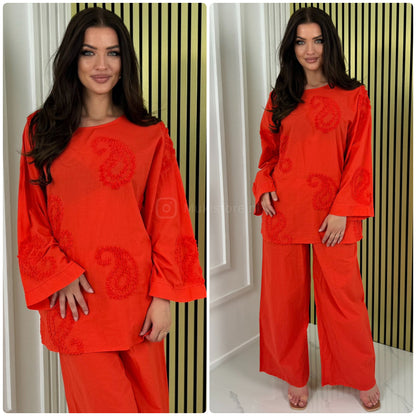 Round Neck Embroidery Detail Wide Leg Set