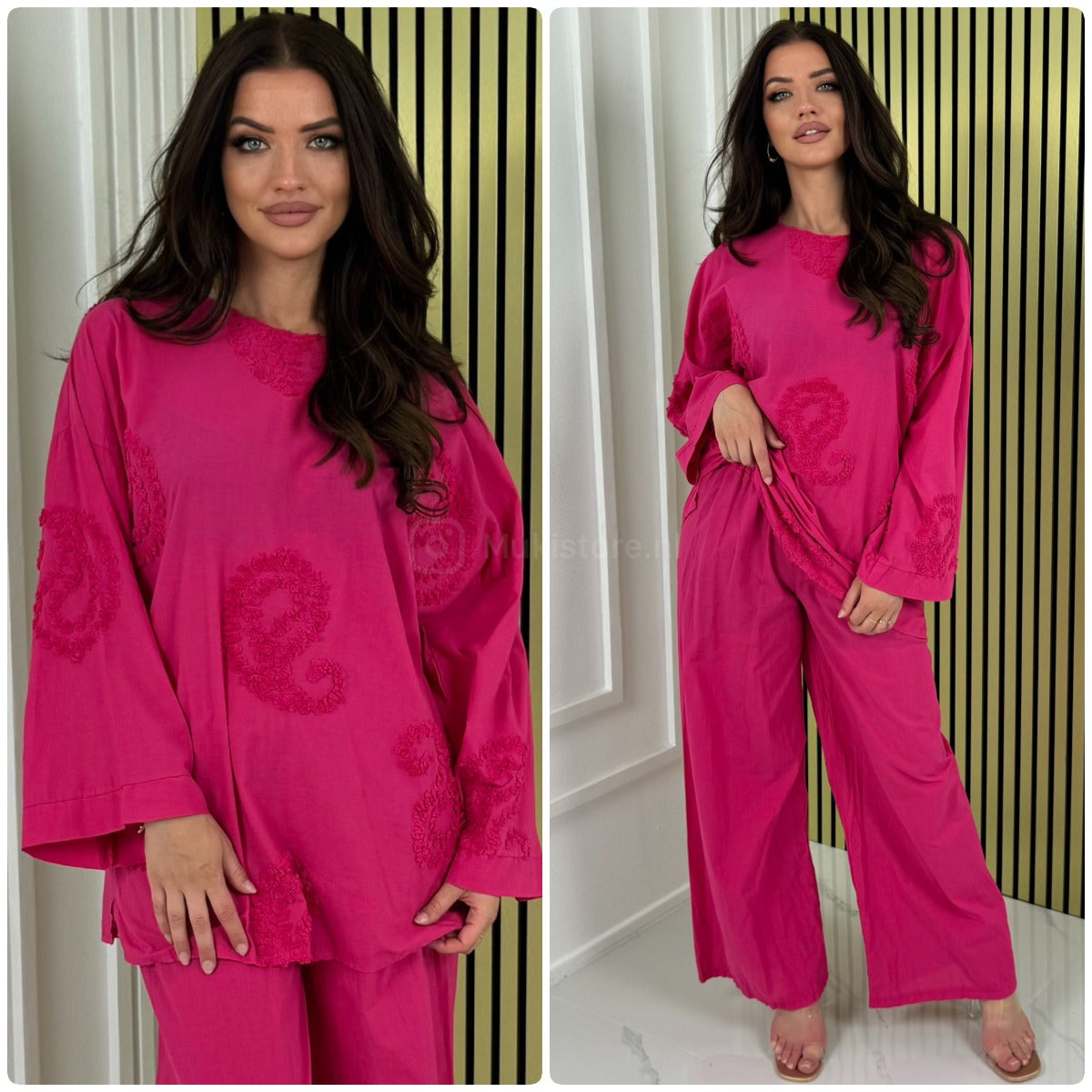 Round Neck Embroidery Detail Wide Leg Set