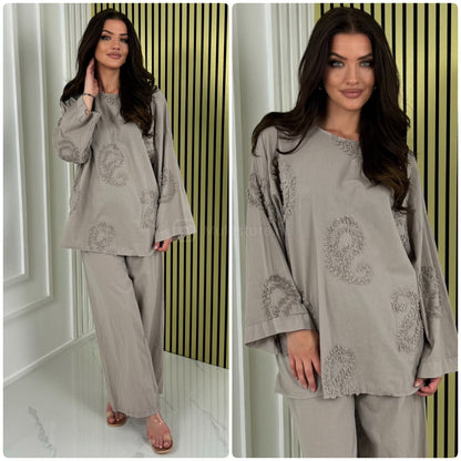 Round Neck Embroidery Detail Wide Leg Set