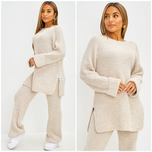 Round Neck Knitwear Wide Leg Basic Set 1501