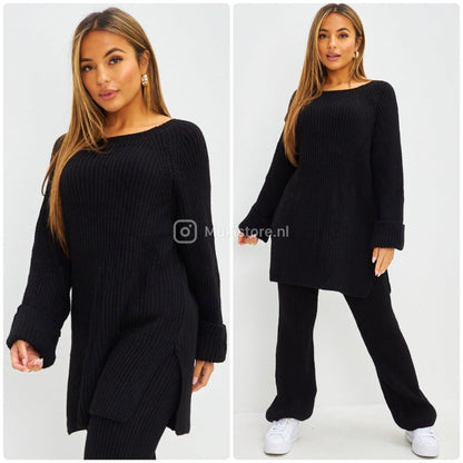Round Neck Knitwear Wide Leg Basic Set 1501