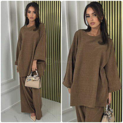 Round Neck Oversized Corduroy Wide Leg Set
