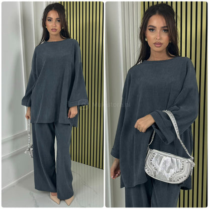 Round Neck Oversized Corduroy Wide Leg Set