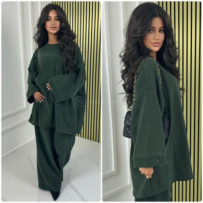 Round Neck Oversized Corduroy Wide Leg Set