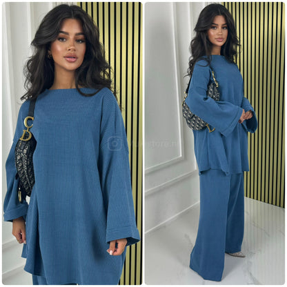 Round Neck Oversized Corduroy Wide Leg Set