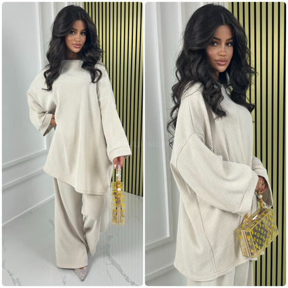 Round Neck Oversized Corduroy Wide Leg Set