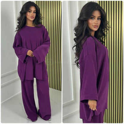 Round Neck Oversized Corduroy Wide Leg Set