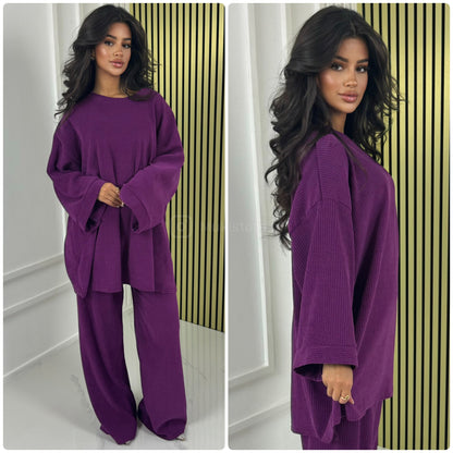 Round Neck Oversized Corduroy Wide Leg Set