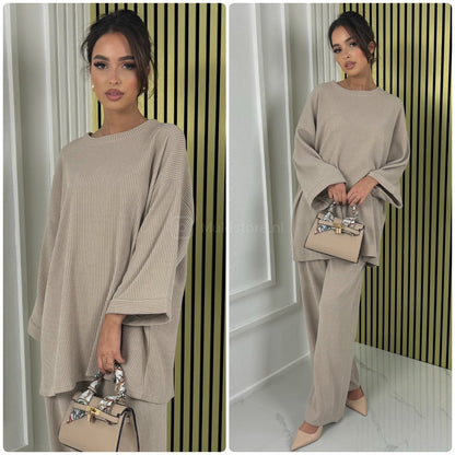 Round Neck Oversized Corduroy Wide Leg Set