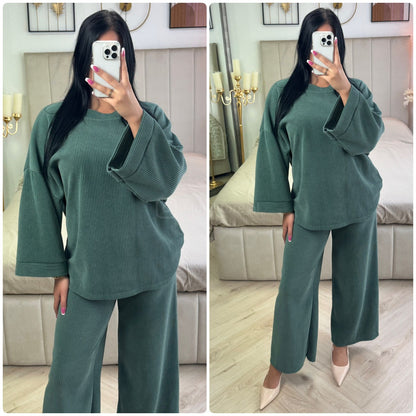 Round Neck Oversized Corduroy Wide Leg Set