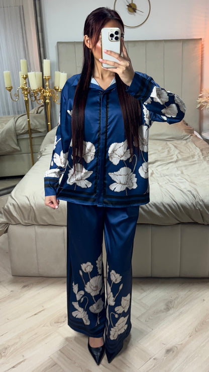 Satin Flower Print Blouse Set