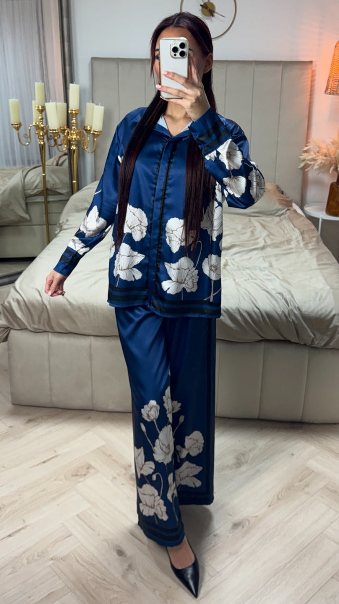 Satin Flower Print Blouse Set