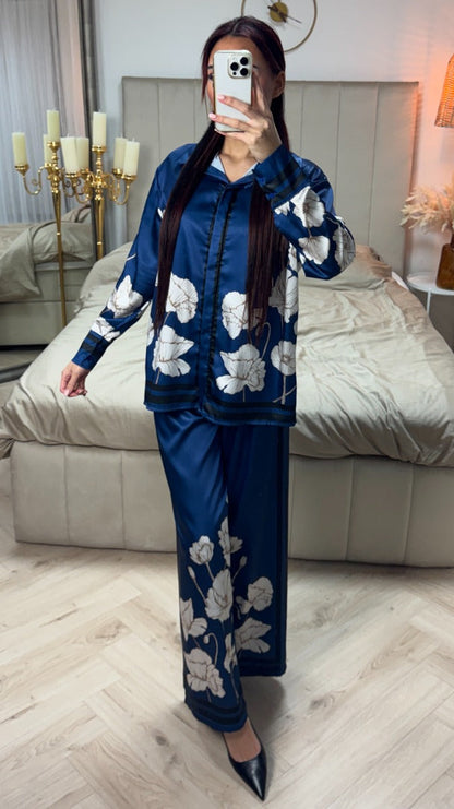 Satin Flower Print Blouse Set