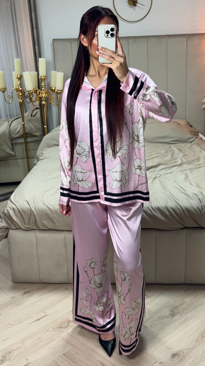 Satin Flower Print Blouse Set