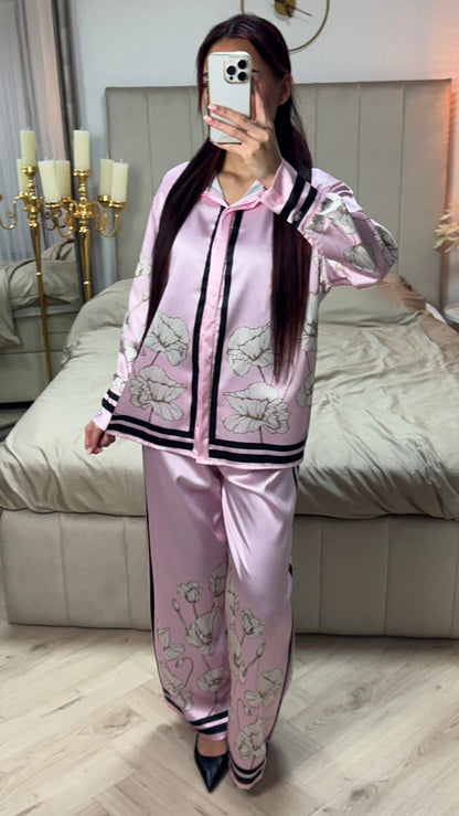 Satin Flower Print Blouse Set