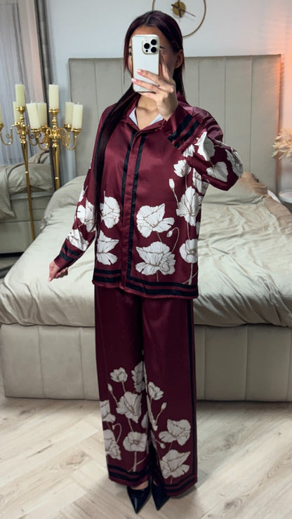 Satin Flower Print Blouse Set