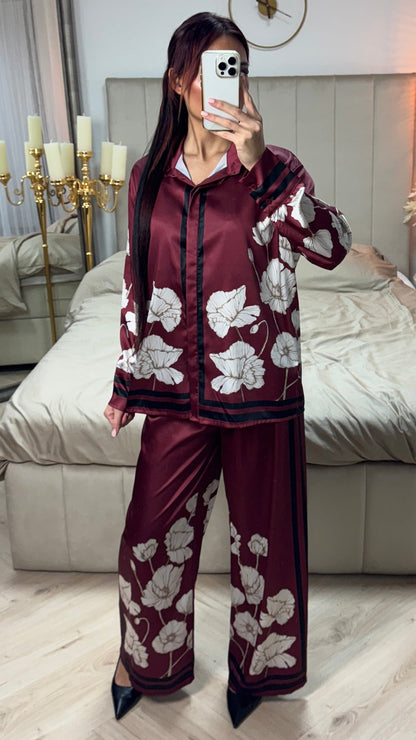 Satin Flower Print Blouse Set