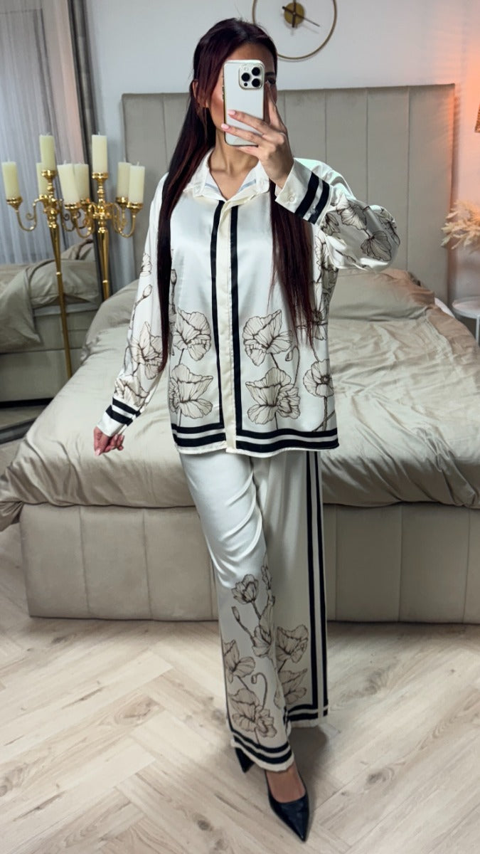 Satin Flower Print Blouse Set