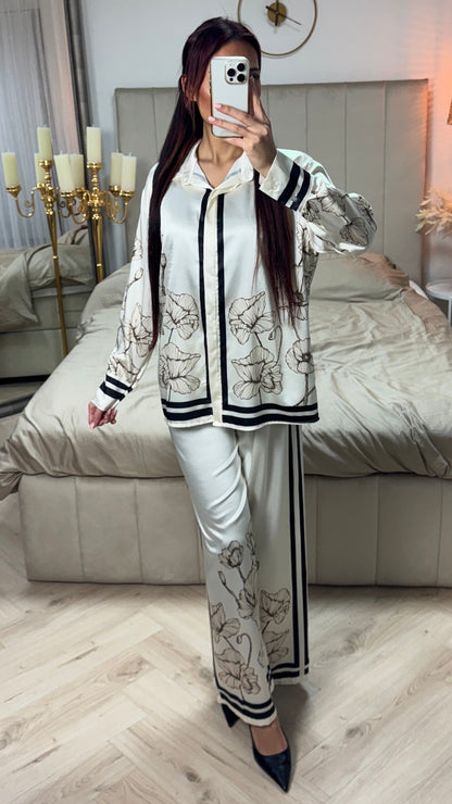 Satin Flower Print Blouse Set