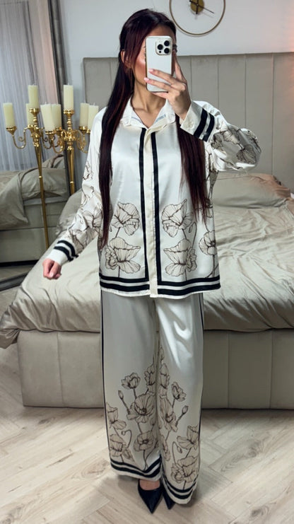 Satin Flower Print Blouse Set