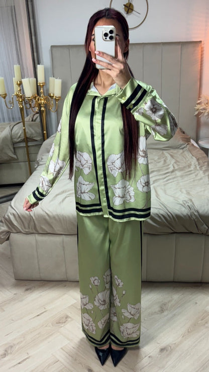 Satin Flower Print Blouse Set