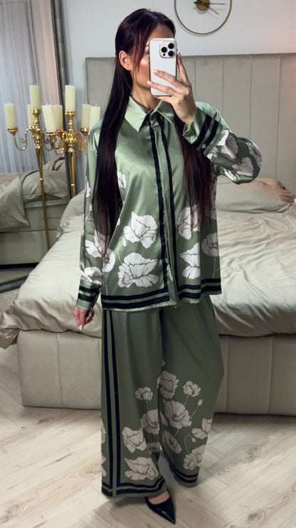 Satin Flower Print Blouse Set