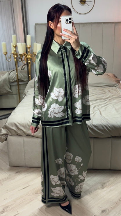 Satin Flower Print Blouse Set