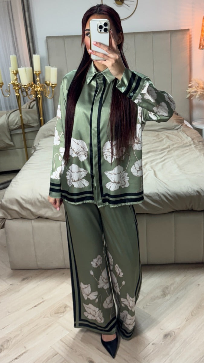 Satin Flower Print Blouse Set