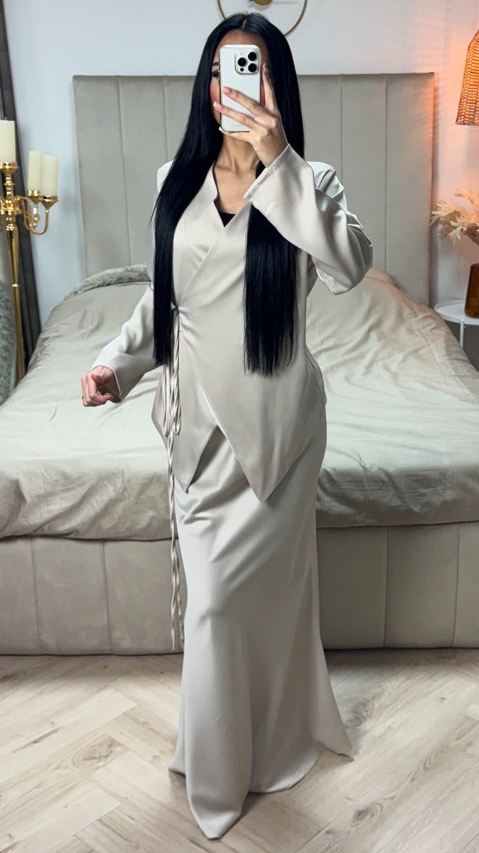Satin V Neck Cardigan Skirt Set Extra Long Tie Belt