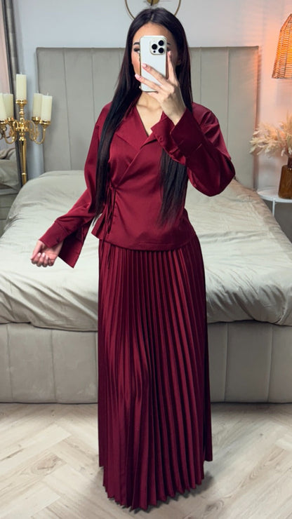 Satin Wrap Tie Belt Cardigan + Pleated Skirt