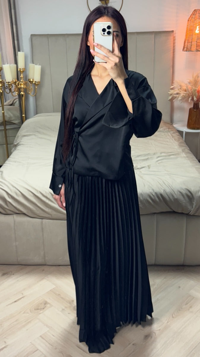 Satin Wrap Tie Belt Cardigan + Pleated Skirt