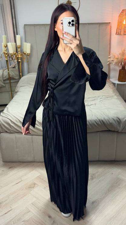 Satin Wrap Tie Belt Cardigan + Pleated Skirt
