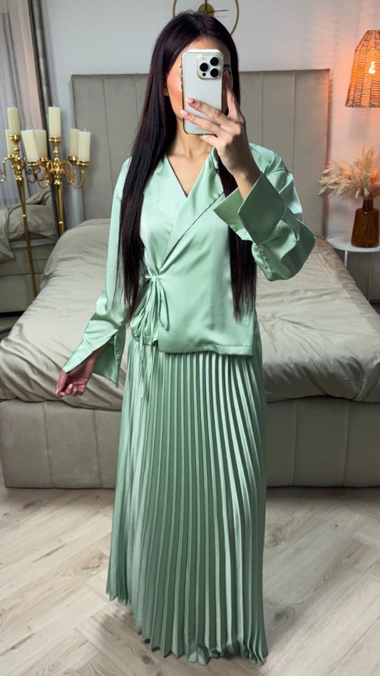 Satin Wrap Tie Belt Cardigan + Pleated Skirt