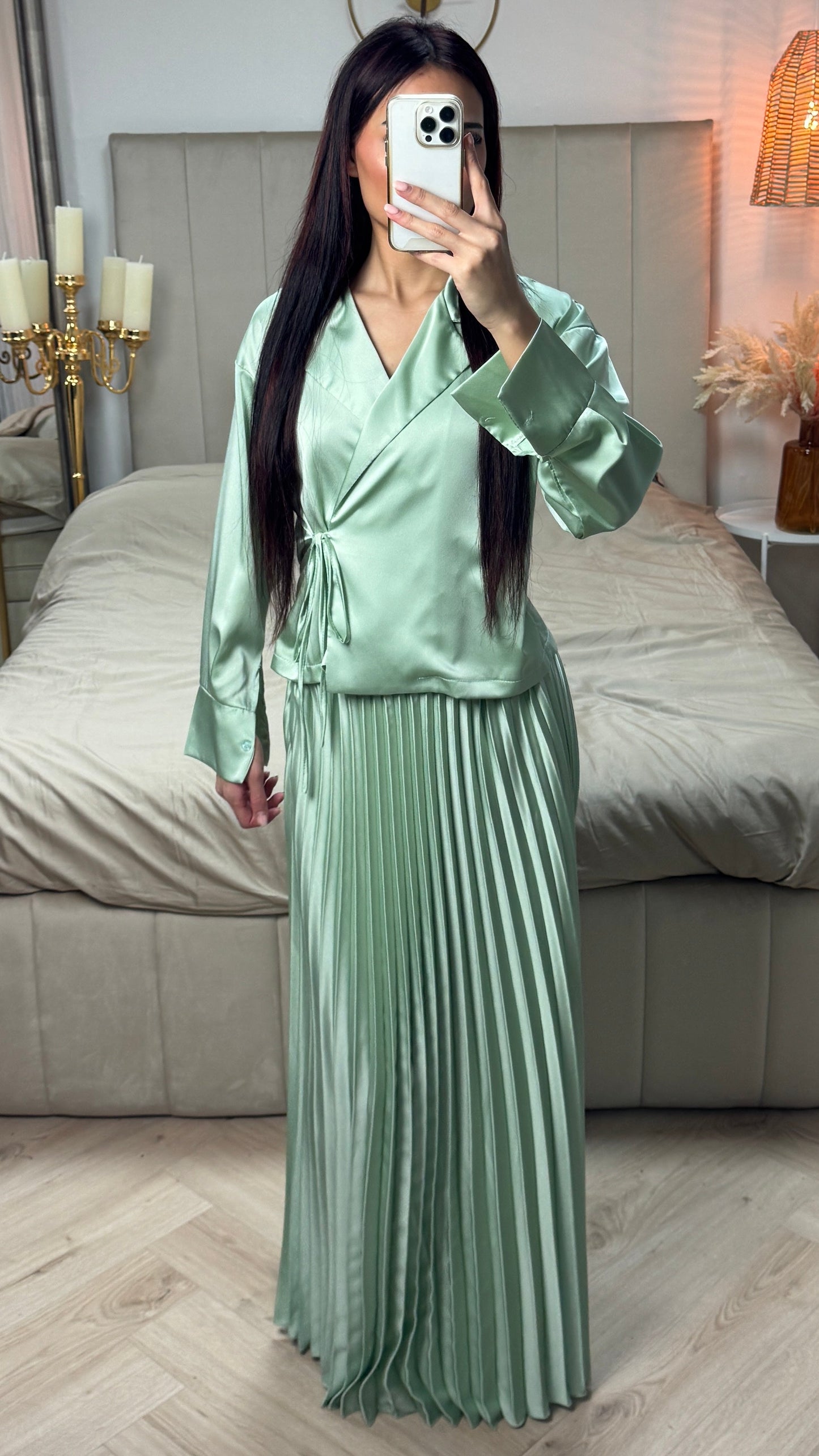 Satin Wrap Tie Belt Cardigan + Pleated Skirt