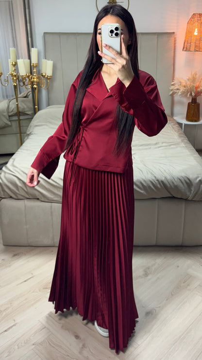 Satin Wrap Tie Belt Cardigan + Pleated Skirt