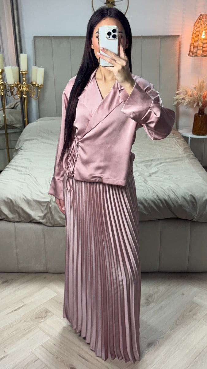 Satin Wrap Tie Belt Cardigan + Pleated Skirt