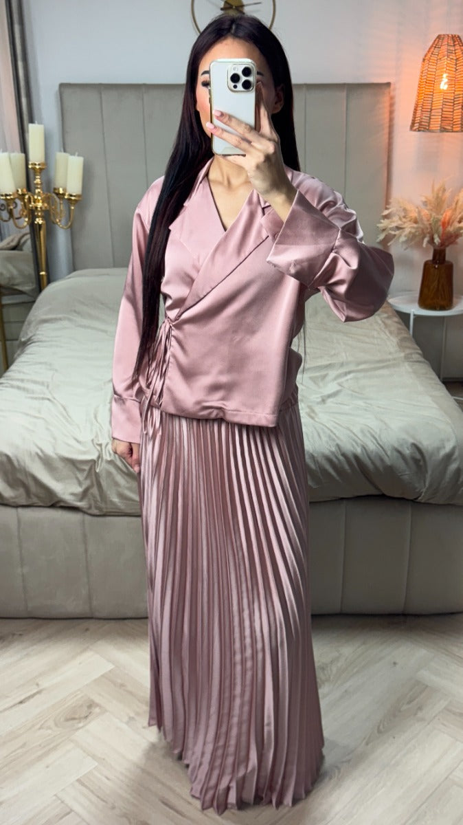 Satin Wrap Tie Belt Cardigan + Pleated Skirt