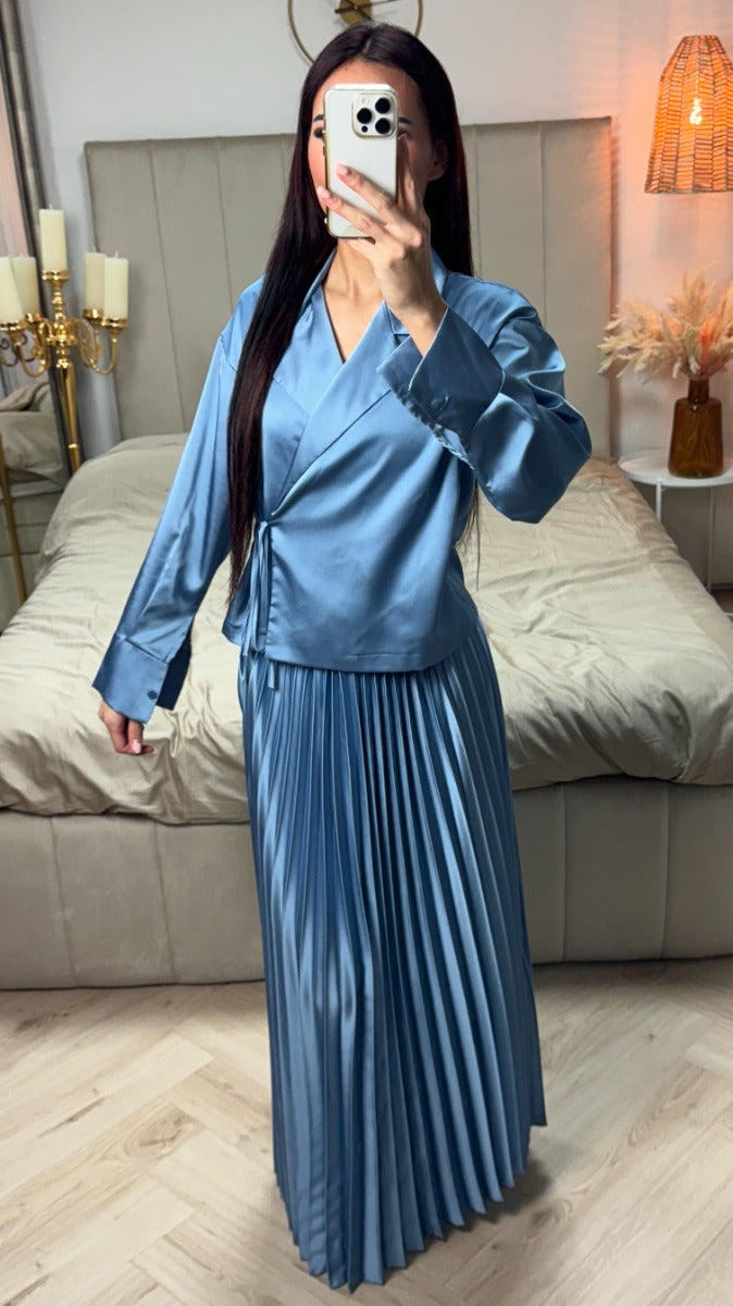 Satin Wrap Tie Belt Cardigan + Pleated Skirt