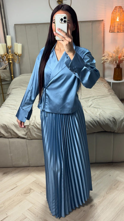 Satin Wrap Tie Belt Cardigan + Pleated Skirt